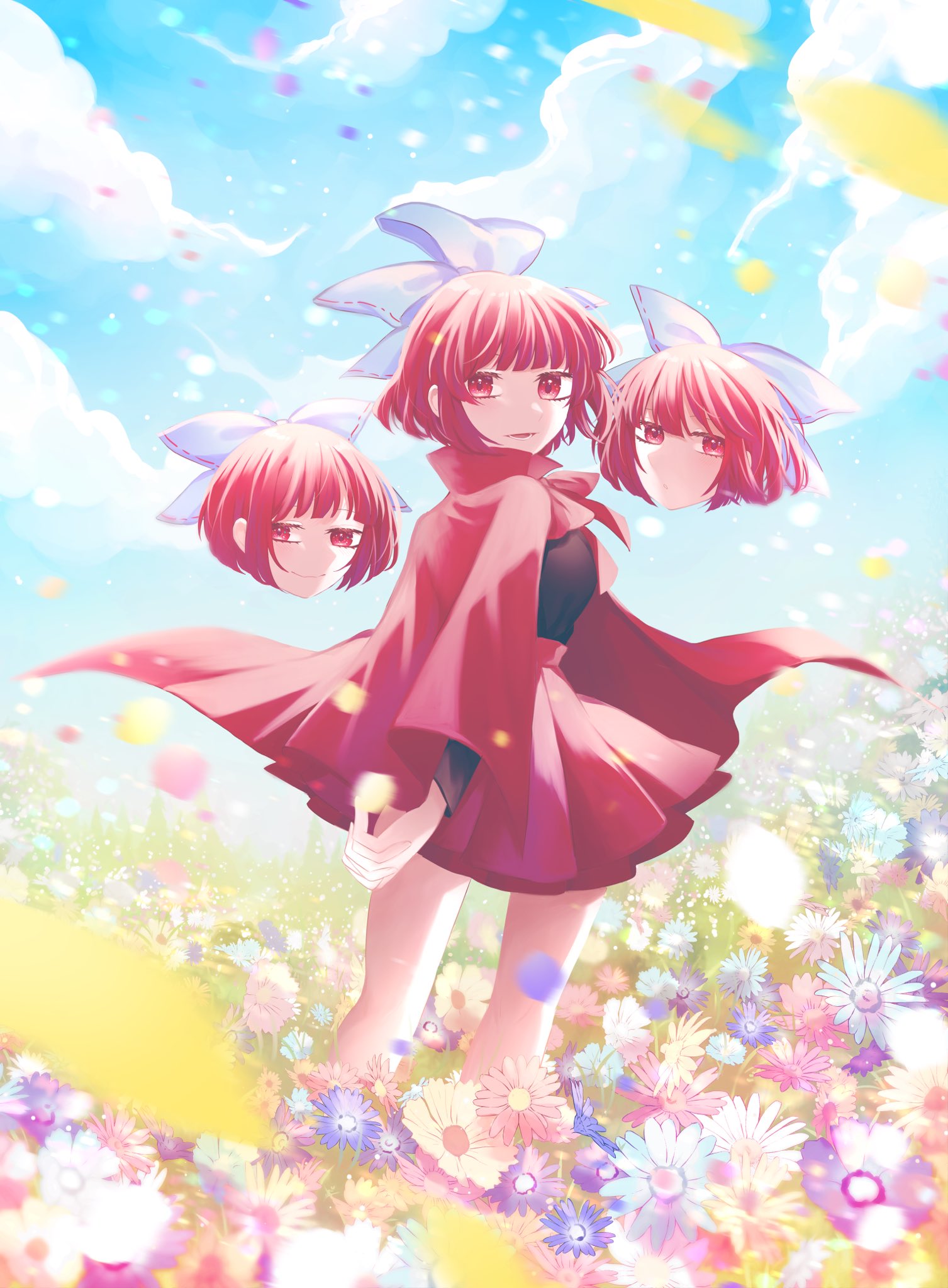 1girl bow cape day floating_head hair_bow highres light_smile long_sleeves looking_at_viewer looking_back outdoors parted_lips red_cape red_eyes redhead sekibanki short_hair skirt solo toraneko_2 touhou