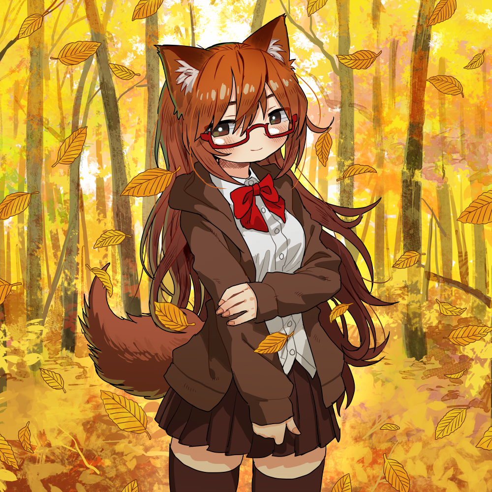 1girl animal_ears autumn_leaves blush bow bowtie brown_eyes brown_hair brown_jacket brown_legwear brown_skirt closed_mouth collared_shirt commission cowboy_shot forest glasses jacket long_hair long_sleeves looking_at_viewer marika_(zeddaru) miniskirt nature open_clothes open_jacket original pleated_skirt red-framed_eyewear red_bow red_bowtie semi-rimless_eyewear shirt skeb_commission skirt smile solo standing tail thigh-highs under-rim_eyewear white_shirt wing_collar zettai_ryouiki zinbei