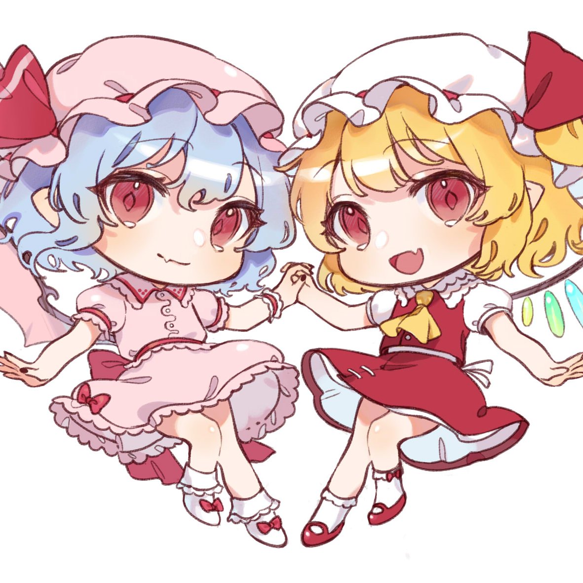 2girls :d ascot bat_wings blonde_hair blue_hair bow chibi crystal fang flandre_scarlet full_body hat holding_hands jewelry looking_at_viewer mary_janes mob_cap multiple_girls one_side_up open_mouth petticoat pointy_ears puffy_short_sleeves puffy_sleeves red_bow red_eyes red_footwear red_ribbon red_skirt red_vest remilia_scarlet ribbon shoes short_hair short_sleeves siblings sisters skin_fang skirt skirt_set smile socks teruteru_(teru_teru) touhou vest white_background white_legwear wings