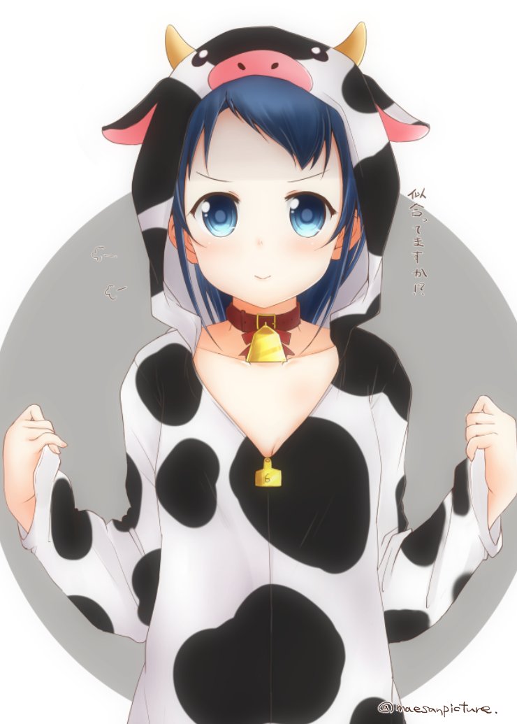 1girl animal_costume animal_hood bangs bell blue_eyes blue_hair commentary_request cow_costume cow_hood flat_chest gradient_hair hood kantai_collection long_hair looking_at_viewer mae_(maesanpicture) multicolored_hair samidare_(kancolle) solo swept_bangs twitter_username upper_body very_long_hair