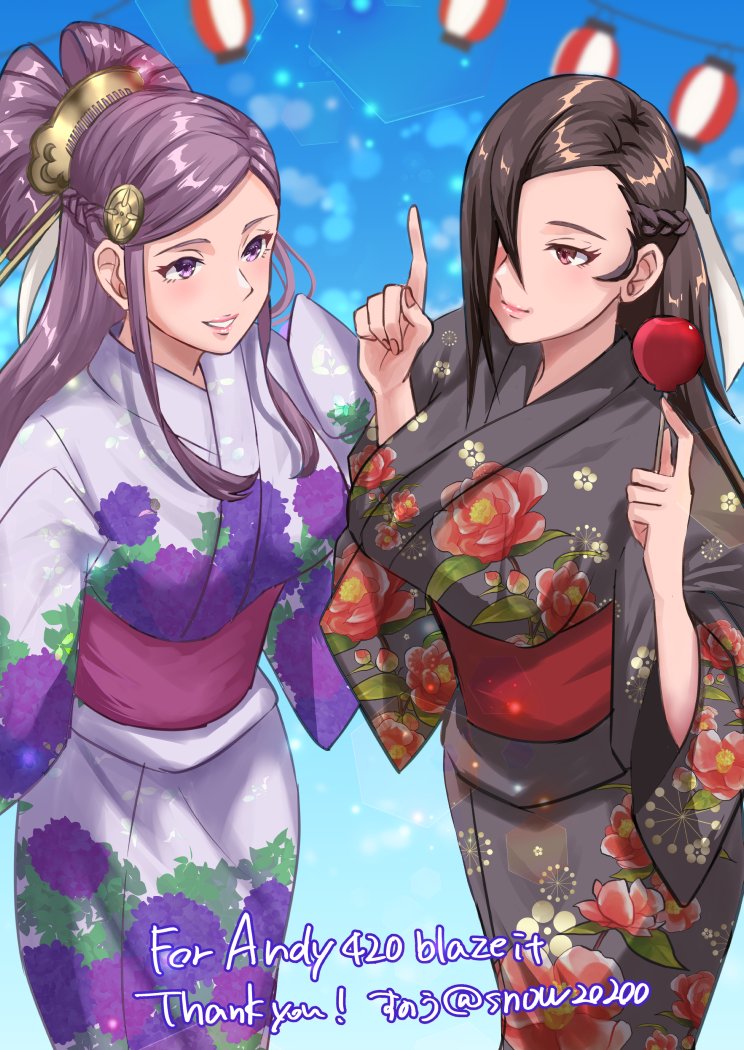 2girls breasts brown_eyes brown_hair comb double_bun fire_emblem fire_emblem_fates hair_over_one_eye japanese_clothes kagero_(fire_emblem) large_breasts multiple_girls orochi_(fire_emblem) purple_hair snow20200 violet_eyes