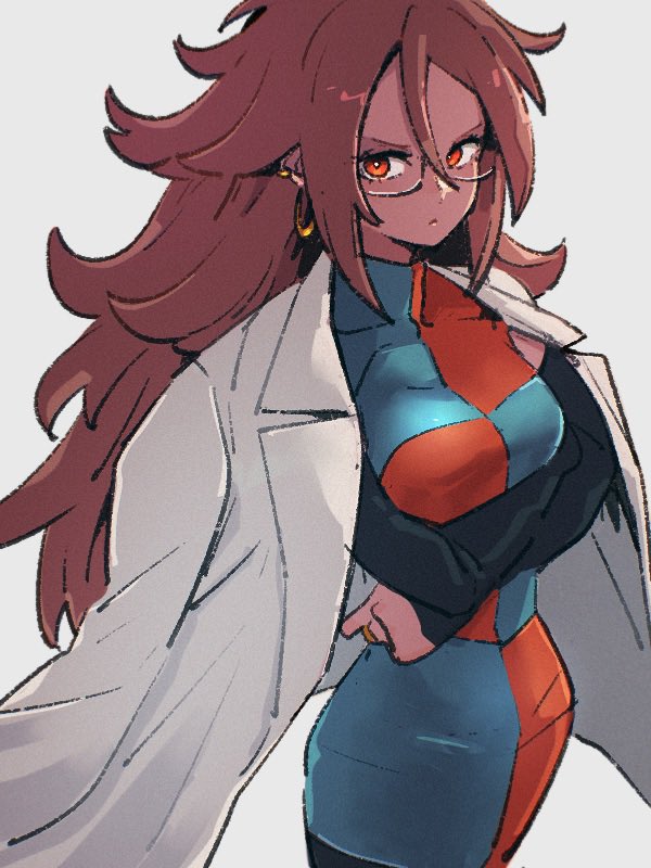 1girl android_21 breasts checkered_clothes checkered_dress crossed_arms dragon_ball dragon_ball_fighterz dress earrings glasses grey_background hair_between_eyes hoop_earrings jewelry kemachiku labcoat long_hair looking_at_viewer medium_breasts pantyhose red_eyes redhead simple_background solo