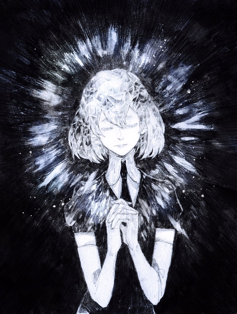1other bangs black_background black_necktie bob_cut closed_eyes colored_skin crystal_hair diamond_(houseki_no_kuni) elbow_gloves facing_viewer gem_uniform_(houseki_no_kuni) gloves hair_between_eyes houseki_no_kuni interlocked_fingers linsang necktie other_focus own_hands_together parted_lips praying puffy_sleeves short_hair simple_background solo sparkle traditional_media upper_body white_gloves white_hair white_skin