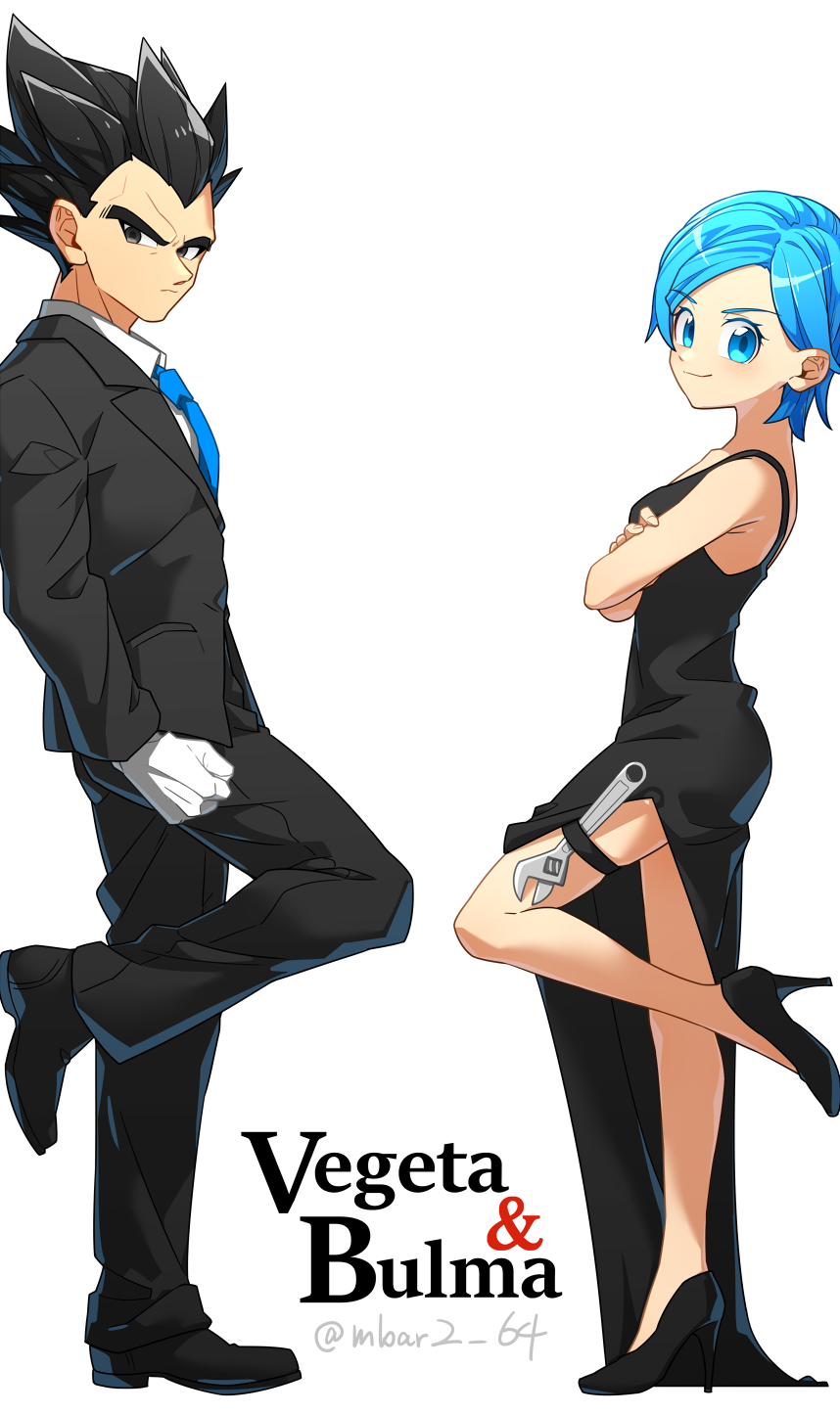 1boy 1girl bangs bare_arms black_dress black_eyes black_footwear black_hair black_jacket black_pants blue_eyes blue_hair blue_necktie bulma character_name closed_mouth collared_shirt crossed_arms dragon_ball dragon_ball_z dress evening_gown formal from_side gamubanku gloves high_heels highres jacket long_dress long_hair looking_at_viewer mr._and_mrs._smith necktie open_clothes open_jacket pant_suit pants parody parted_bangs pumps shiny shiny_hair shirt short_hair side_slit sleeveless sleeveless_dress smile smug spiky_hair standing standing_on_one_leg suit thigh_strap vegeta white_gloves white_shirt wing_collar