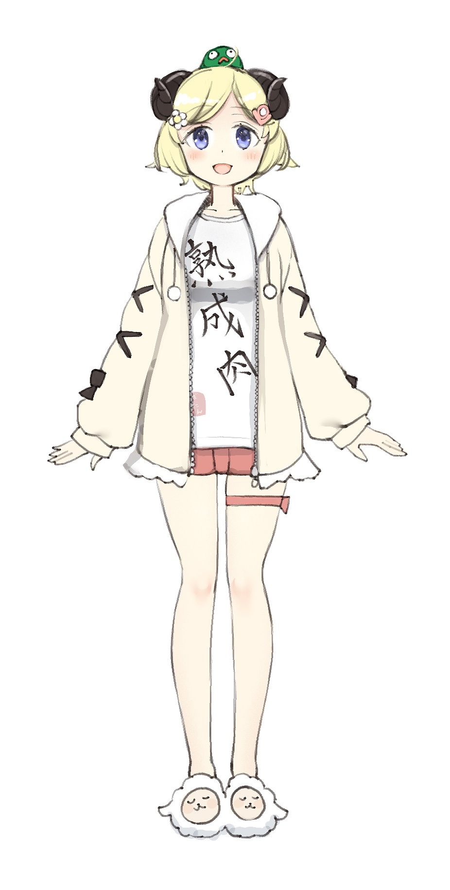 1girl :d animal_ears animal_slippers blonde_hair blush clothes_writing curled_horns dot_nose flower full_body hair_flower hair_ornament hairclip highres hololive horns jacket long_sleeves looking_at_viewer medium_hair nanashi_(nlo) print_shirt red_shorts sheep_ears sheep_horns shirt short_shorts shorts simple_background slippers smile solo tareme thigh_strap tsunomaki_watame violet_eyes white_background white_shirt