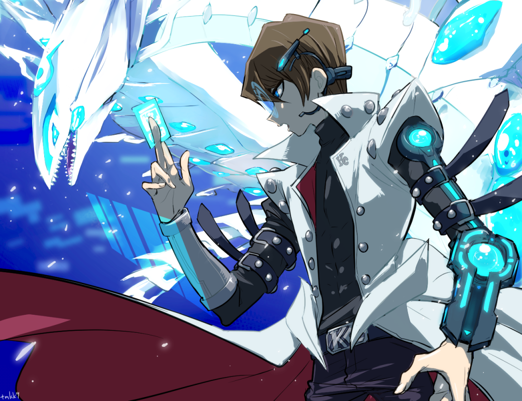 1boy armlet bangs belt black_pants blue_eyes brown_hair card coat commentary cropped_legs deep-eyes_white_dragon dragon duel_disk duel_monster high_collar holding holding_card kaiba_seto male_focus open_clothes open_coat open_mouth pants profile sharp_teeth short_hair tamagoumauma teeth white_coat wings yu-gi-oh! yu-gi-oh!_duel_monsters yu-gi-oh!_the_dark_side_of_dimensions