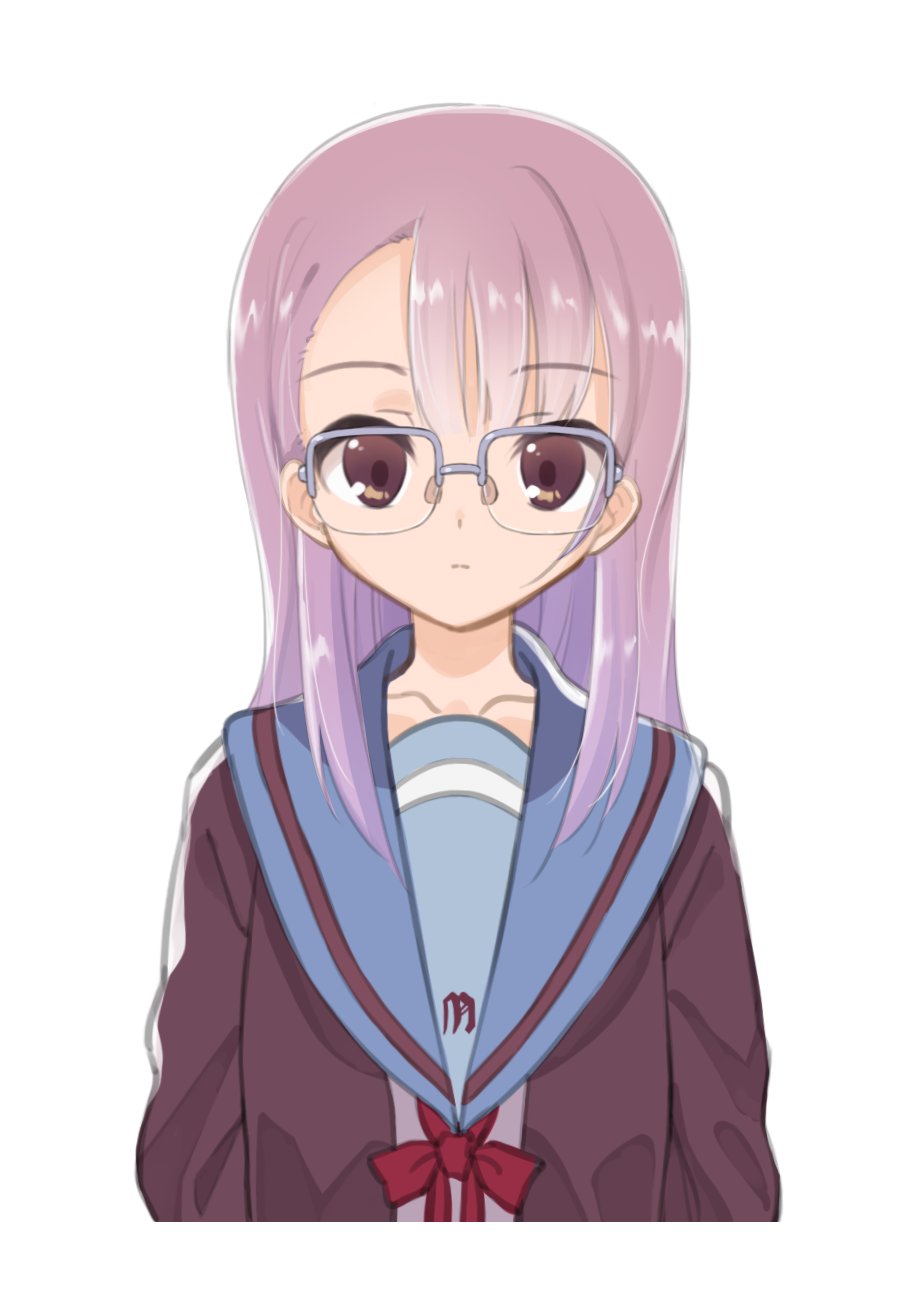 1girl alternate_hair_length alternate_hairstyle blue_sailor_collar brown_cardigan brown_eyes cardigan closed_mouth collarbone expressionless eyebrows_visible_through_hair glasses highres kita_high_school_uniform long_hair nagato_yuki nanabuluku red_ribbon ribbon sailor_collar school_uniform serafuku simple_background solo suzumiya_haruhi_no_yuuutsu symbol-only_commentary upper_body white_background