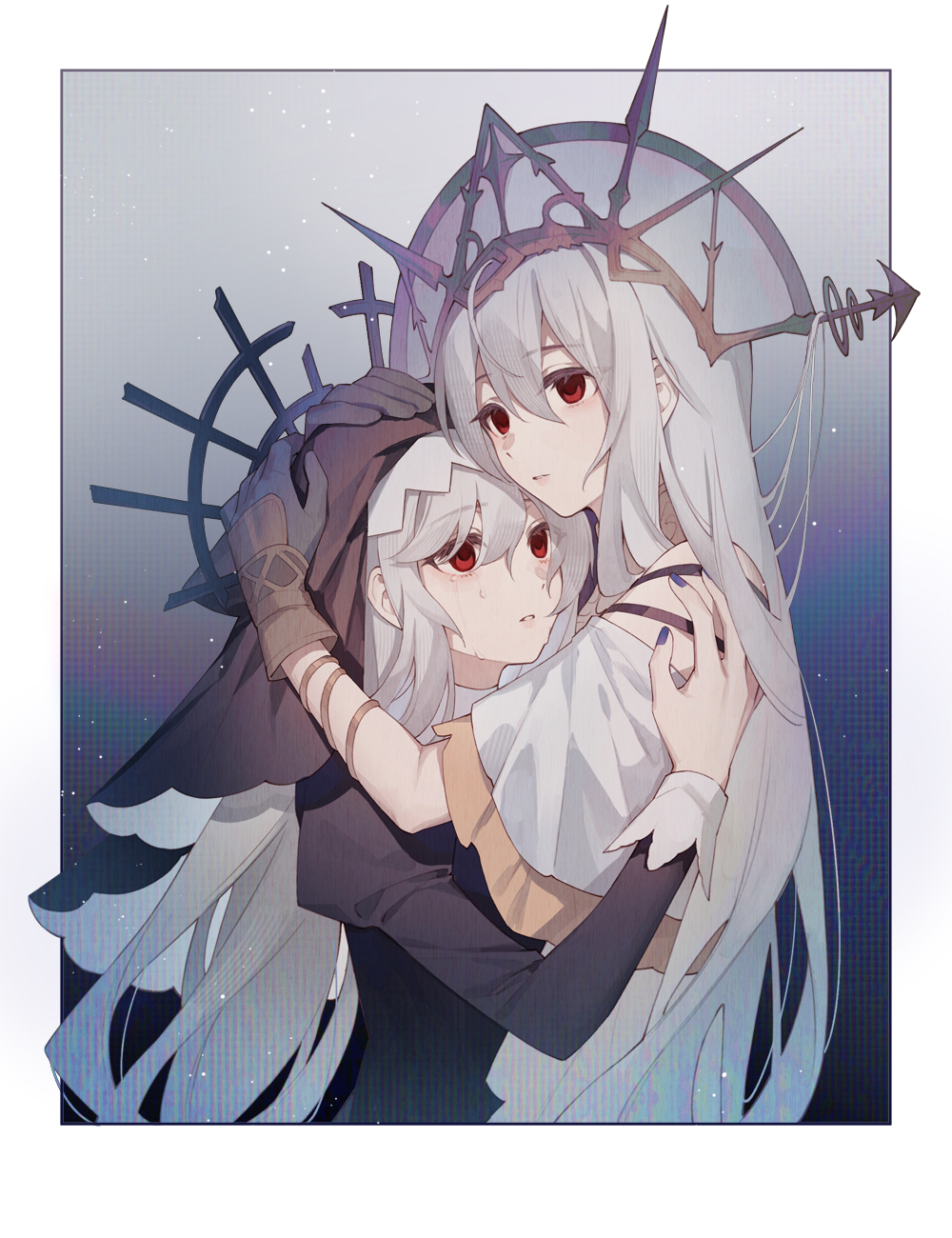 2girls arknights bangs black_dress black_headwear black_nails border breasts brown_gloves chinese_commentary commentary_request dress gloves hair_between_eyes hand_on_another's_head highres hug multiple_girls parted_lips red_eyes skadi_(arknights) skadi_the_corrupting_heart_(arknights) skadi_the_corrupting_heart_(sublimation)_(arknights) specter_(arknights) specter_the_unchained_(arknights) theta_(swfh8575) white_border white_dress white_hair yuri