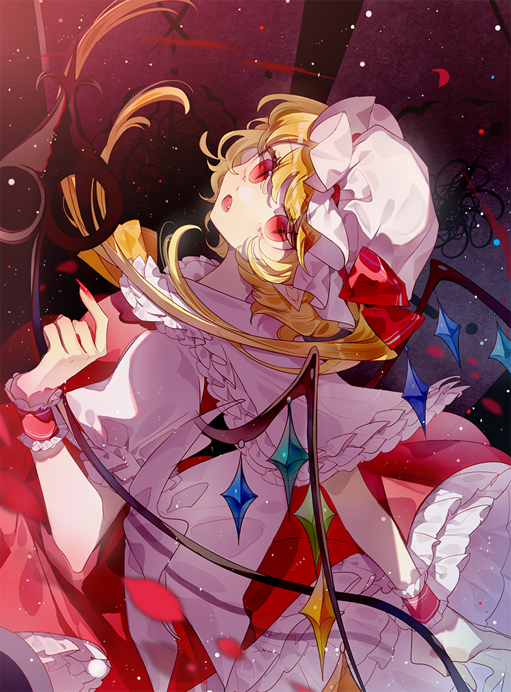 :o back_bow blonde_hair blush bow chinese_commentary collared_shirt commentary crystal fang fingerless_gloves fingernails flandre_scarlet frilled_shirt_collar frilled_skirt frills from_above gloves hair_between_eyes hat hat_bow laevatein_(touhou) long_hair looking_at_viewer looking_up mob_cap nail_polish one_side_up open_mouth puffy_short_sleeves puffy_sleeves red_bow red_eyes red_nails red_skirt red_vest sharp_fingernails shirt short_sleeves skirt skirt_set slit_pupils touhou transparent_(randomhs) vest white_bow white_headwear white_shirt wings wrist_cuffs