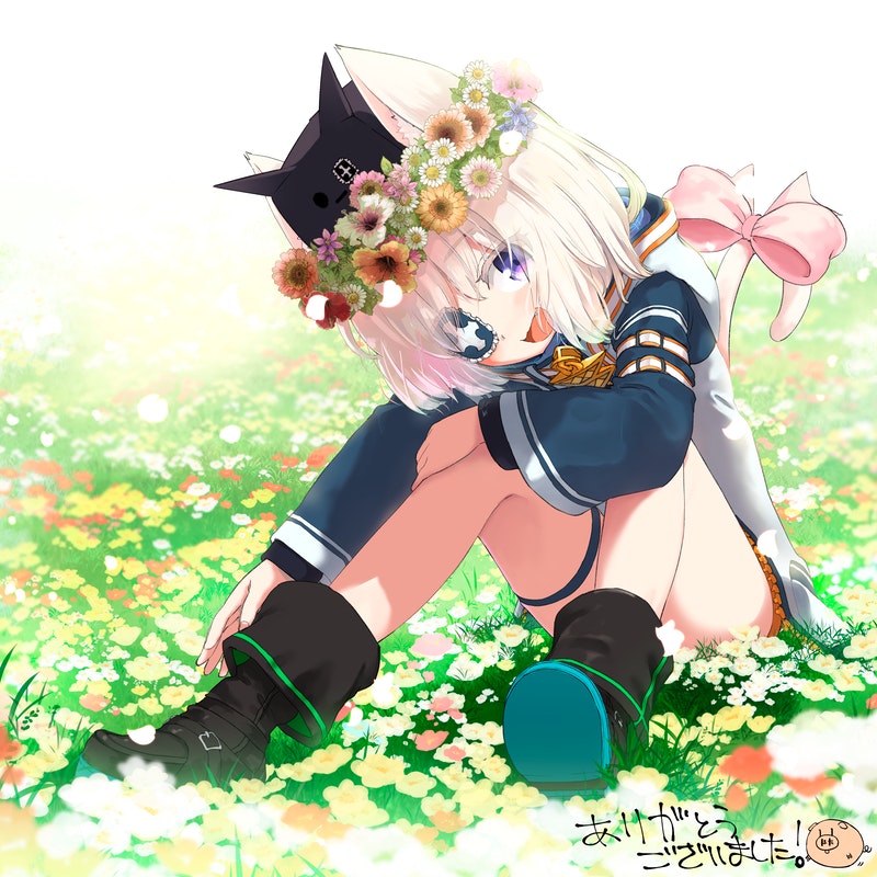 1girl :d animal_ears black_footwear boots bow commission eyepatch hat head_tilt head_wreath hota long_sleeves looking_at_viewer pink_bow skeb_commission smile tail tail_bow tail_ornament violet_eyes vrchat