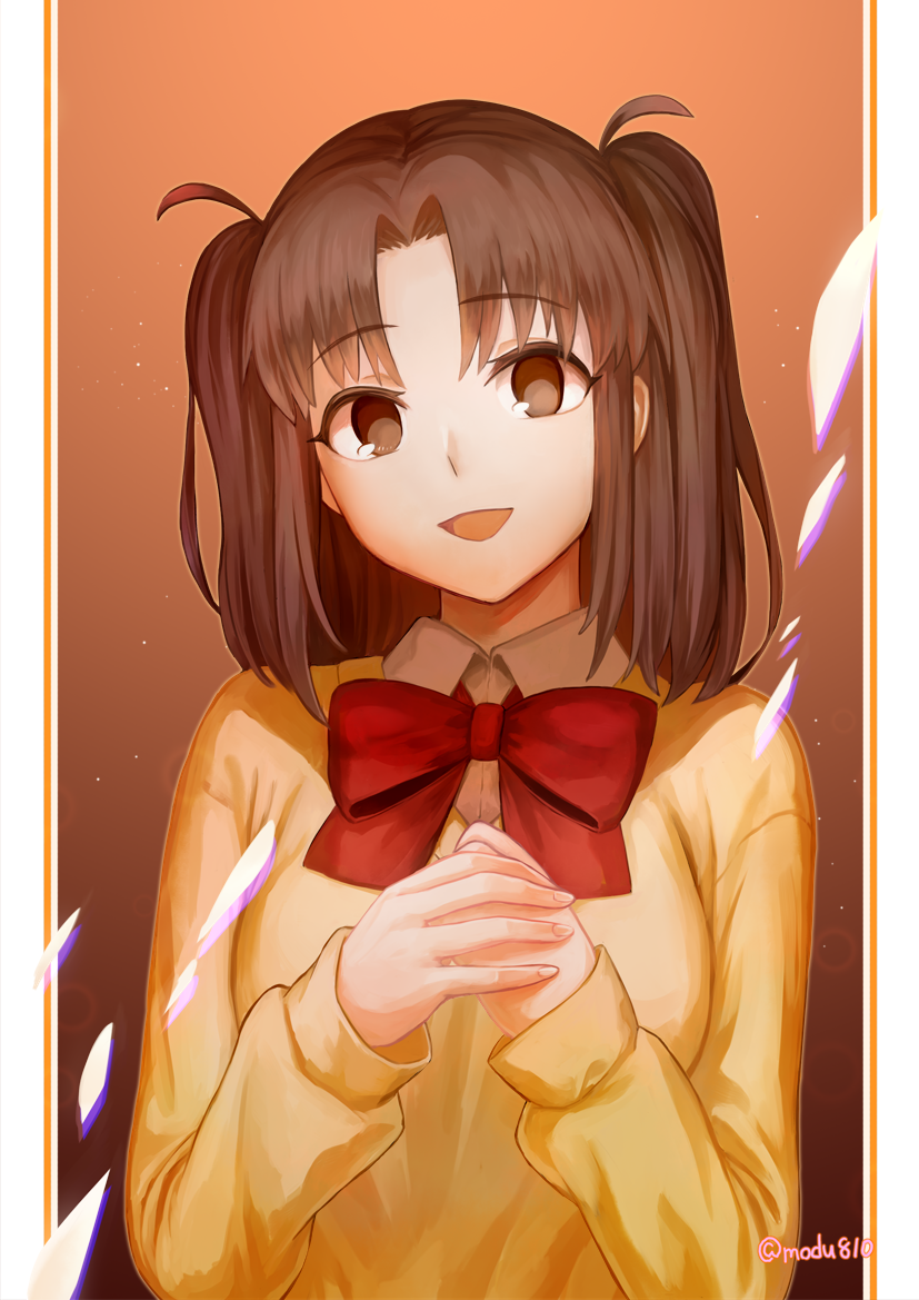1girl bangs bow bowtie brown_eyes brown_hair cardigan collared_shirt commentary_request eyebrows_visible_through_hair long_hair long_sleeves looking_at_viewer modzu_(3705018) open_mouth own_hands_together parted_bangs pillarboxed red_bow school_uniform shirt smile solo tsukihime tsukihime_(remake) twintails twitter_username two_side_up uniform upper_body white_shirt yellow_cardigan yumizuka_satsuki