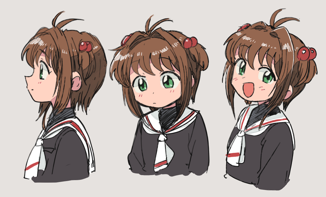 3girls blush brown_hair cardcaptor_sakura closed_mouth female_child green_eyes kinomoto_sakura looking_at_viewer multiple_girls open_mouth school_uniform simple_background tomoeda_elementary_school_uniform tsubobot variations