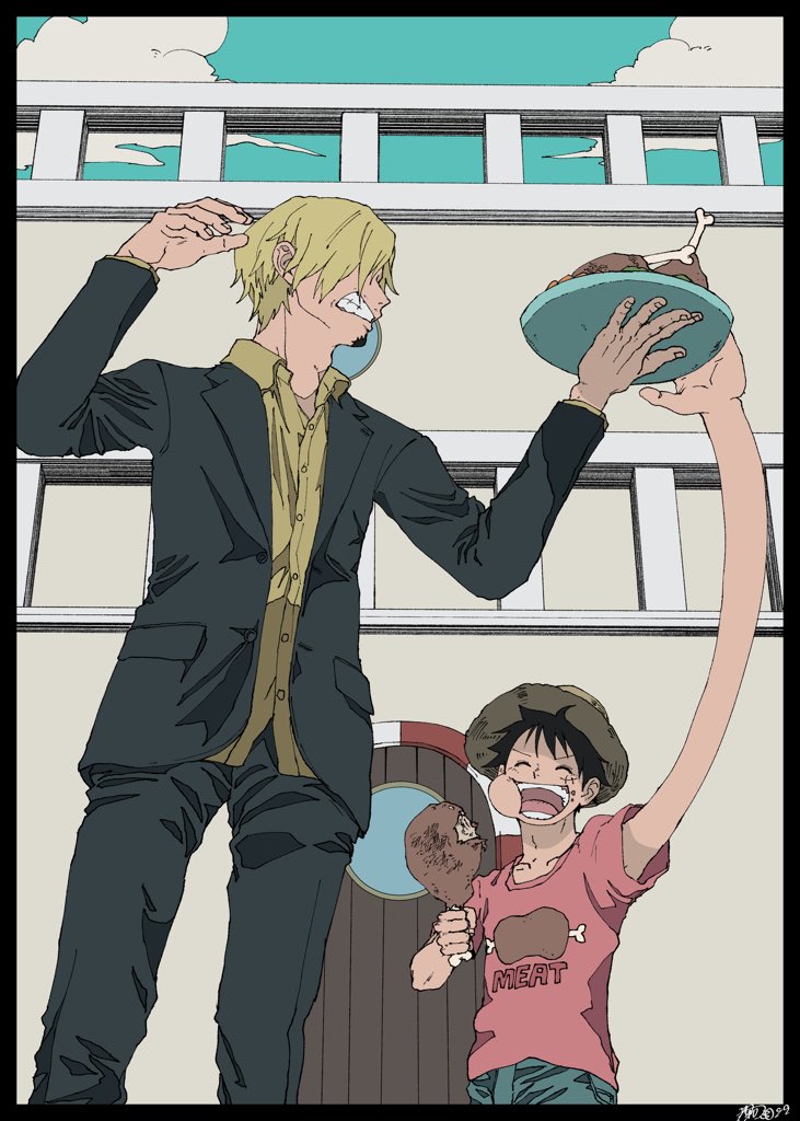 2boys ^_^ ^o^ blonde_hair clenched_teeth closed_eyes eating facial_hair food food_theft formal grabbing male_focus meat monkey_d._luffy multiple_boys one_piece sanji suit teeth ufkqz