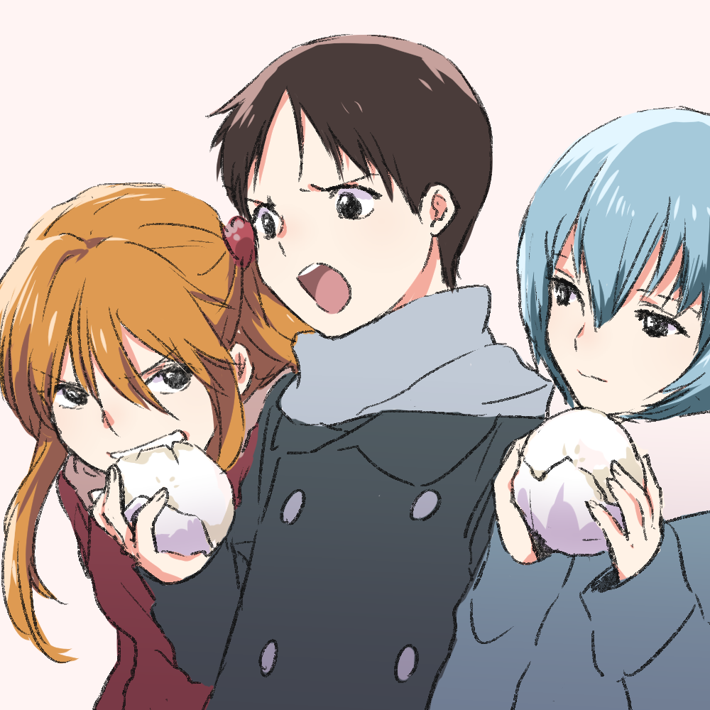 1boy 2girls ama_mt ayanami_rei biting black_eyes black_hair blue_hair coat eating eyebrows_behind_hair eyebrows_visible_through_hair food hair_between_eyes holding holding_food ikari_shinji long_hair multiple_girls neon_genesis_evangelion orange_hair pink_background short_hair simple_background souryuu_asuka_langley twintails winter_clothes