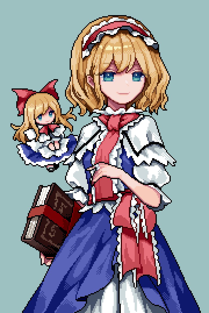 1girl alice_margatroid blonde_hair blue_background blue_dress blue_eyes book bow capelet doll dress hairband holding long_hair looking_at_viewer pixel_art risui_(suzu_rks) sash shanghai_doll short_hair simple_background smile solo touhou