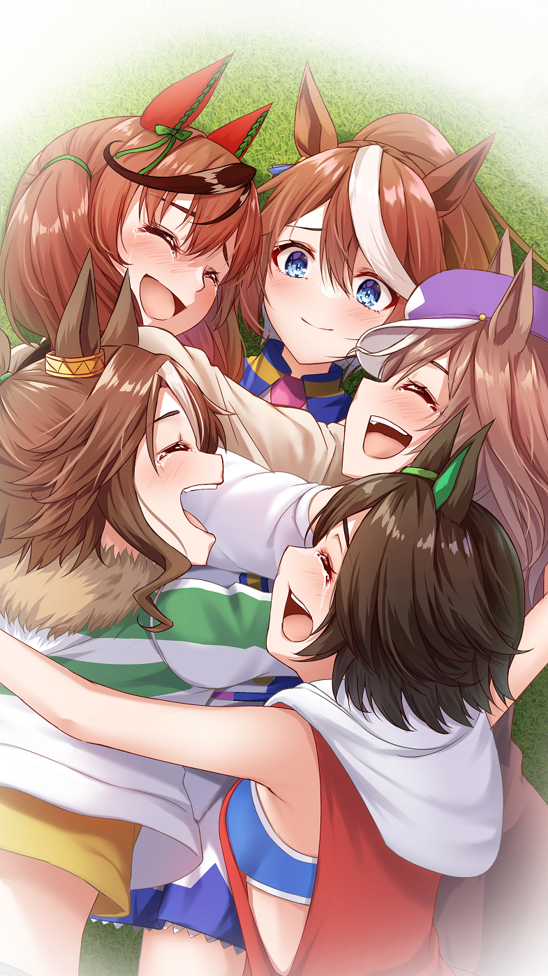 5girls animal_ears blue_eyes brown_hair closed_eyes crop_top cropped_jacket crying fur-trimmed_jacket fur_trim grass group_hug hat highres horse_ears horse_girl hug jacket long_hair long_sleeves matikane_tannhauser_(umamusume) mejiro_palmer_(umamusume) merxkialis multicolored_hair multiple_girls nice_nature_(umamusume) on_ground open_mouth ponytail short_hair smile streaked_hair tokai_teio_(umamusume) twintails two-tone_hair umamusume white_hair winning_ticket_(umamusume)