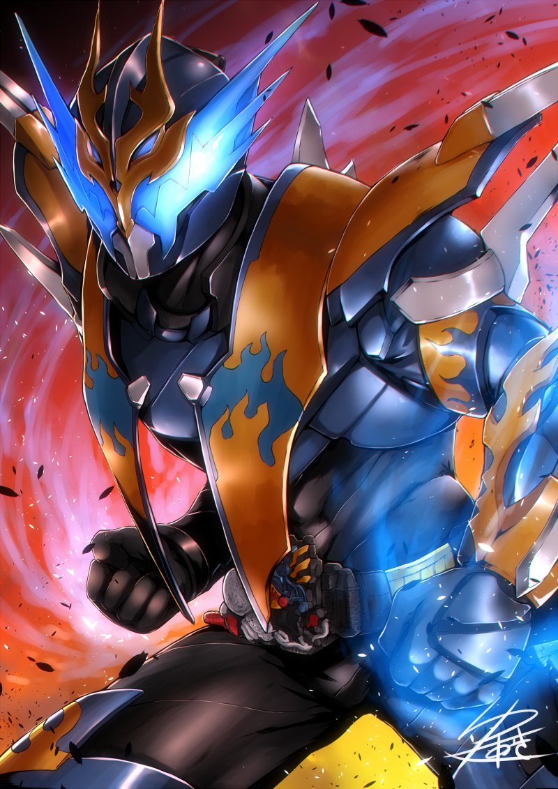 1boy belt blue_armor blue_eyes build_driver clenched_hands commentary_request compound_eyes cross-z_dragon dragon fire flame flame_print flaming_hand galaxy glowing glowing_eyes kamen_rider kamen_rider_build_(series) kamen_rider_cross-z kanna_tsunasi male_focus rider_belt signature solo space spikes teeth universe