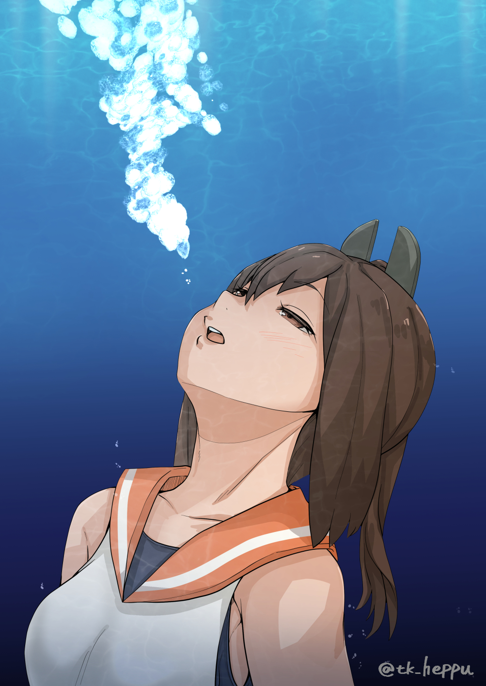 1girl air_bubble brown_eyes brown_hair bubble collarbone commentary_request highres i-401_(kancolle) kantai_collection one-hour_drawing_challenge open_mouth orange_sailor_collar ponytail sailor_collar school_swimsuit shirt short_hair sleeveless sleeveless_shirt solo swimsuit swimsuit_under_clothes takasugi_heppu twitter_username underwater upper_body