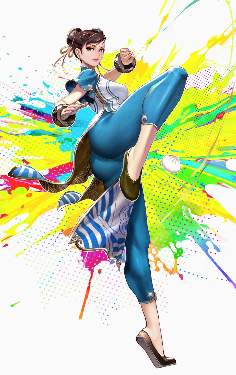 1girl ass blue_pants bow bowtie bracelet breasts brown_hair china_dress chinese_clothes chun-li clenched_hand closed_mouth commentary double_bun dress dumpling earrings fighting_stance fingernails food full_body gold_trim hair_bow hair_bun highres jewelry leg_up lips looking_at_viewer medium_breasts okojo pants pelvic_curtain sandals shiny shiny_hair short_sleeves simple_background skin_tight smile solo standing standing_on_one_leg street_fighter street_fighter_6 violet_eyes