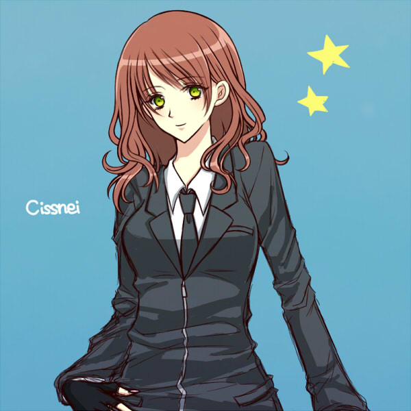 1girl bangs blue_background bosch breasts brown_hair character_name cissnei crisis_core_final_fantasy_vii final_fantasy final_fantasy_vii fingerless_gloves formal gloves grey_jacket hair_between_eyes hand_on_hip jacket medium_breasts medium_hair necktie solo star_(symbol) suit upper_body wavy_hair white_shi yellow_eyes zipper