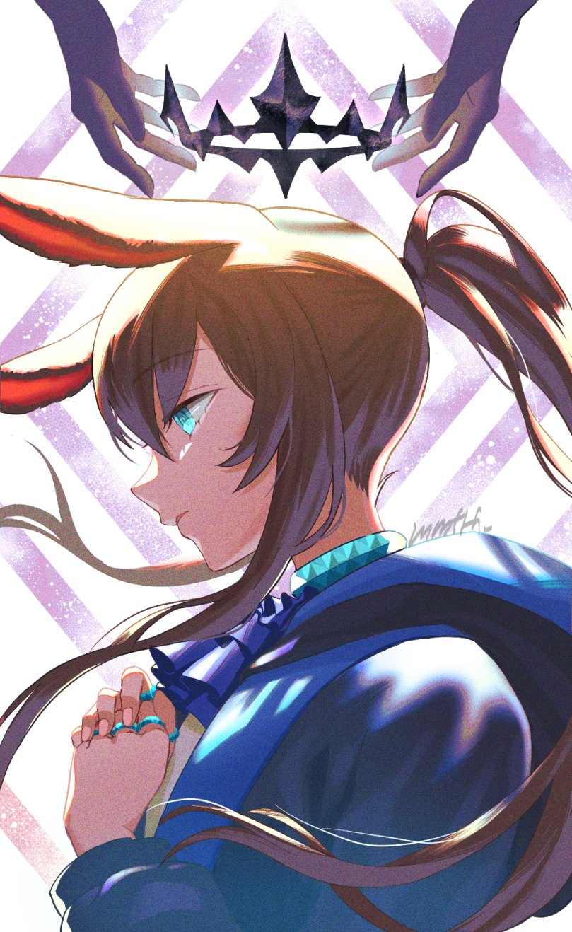 1girl 1other amiya_(arknights) animal_ears aqua_eyes arknights ascot bangs black_coat blue_ascot blue_choker brown_hair choker coat crown ears_down eyebrows_visible_through_hair floating floating_object from_side highres hood hood_down hooded_coat jewelry long_hair memetaroh multiple_rings own_hands_together parted_lips ponytail profile purple_background rabbit_ears ring sidelocks signature solo_focus two-tone_background upper_body white_background