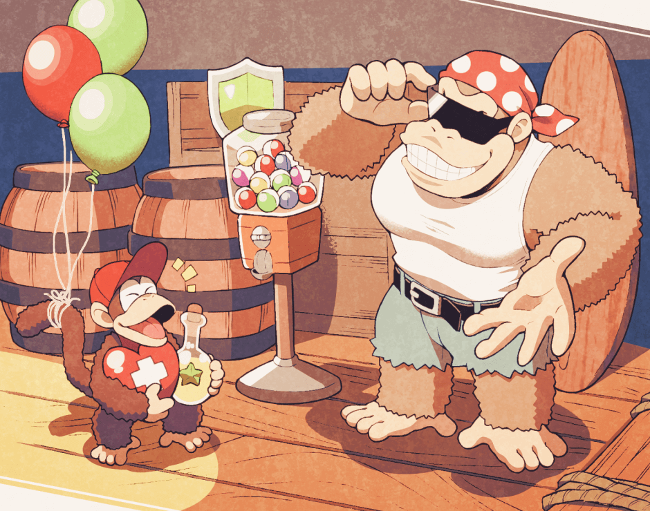 2boys balloon barrel belt closed_mouth crate diddy_kong donkey_kong_(series) funky_kong furry furry_male grin gumball_machine minashirazu multiple_boys no_humans red_shirt shield shirt shorts sleeveless sleeveless_shirt smile sunglasses tank_top