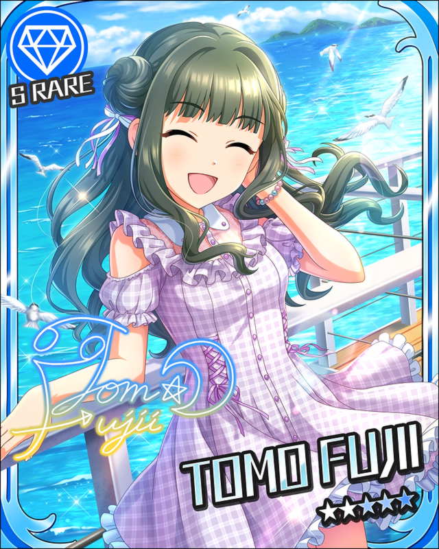 black_hair blush character_name closed_eyes dress fujii_tomo idolmaster idolmaster_cinderella_girls long_hair smile stars