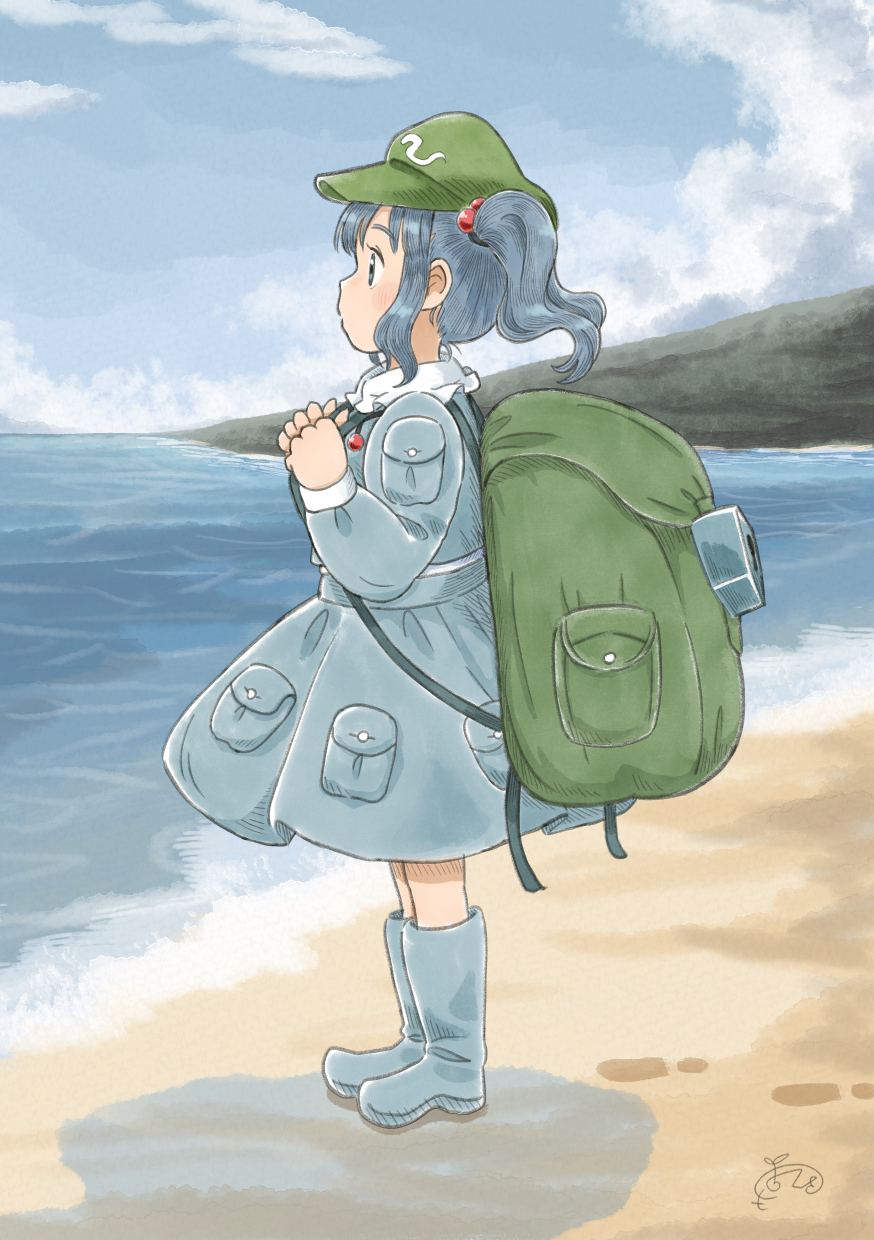 1girl backpack bag blue_eyes blue_footwear blue_hair blue_sky boots chii-kun_(seedyoulater) clouds cloudy_sky day from_side full_body green_headwear hair_bobbles hair_ornament hat highres horizon kawashiro_nitori long_sleeves outdoors pocket profile rubber_boots short_hair signature skirt skirt_set sky solo touhou two_side_up water