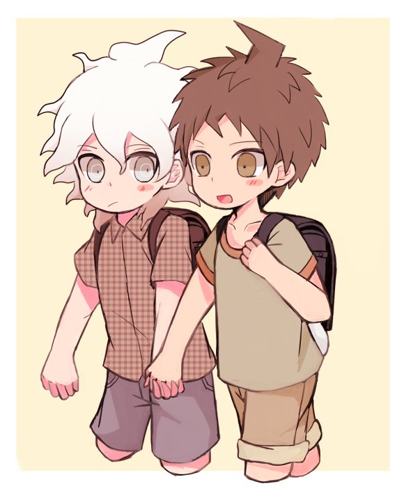 2boys :d ahoge alternate_costume backpack bag bangs black_bag blush border brown_background brown_eyes brown_hair child collarbone collared_shirt cropped_legs dagasi_xzx danganronpa_(series) danganronpa_2:_goodbye_despair green_shirt grey_eyes grey_hair hinata_hajime holding_hands komaeda_nagito messy_hair multiple_boys open_mouth shirt short_hair short_sleeves shorts smile white_border