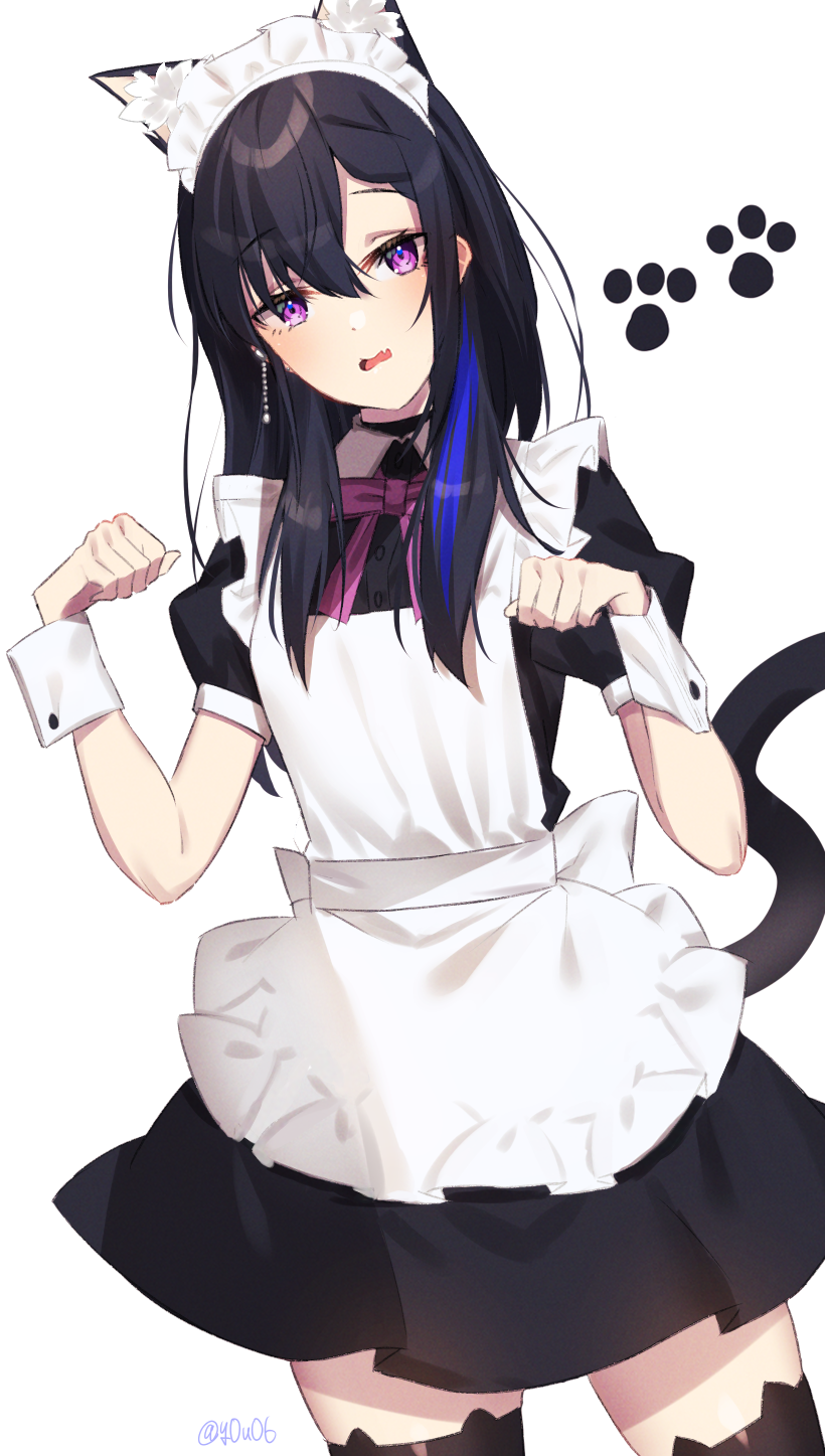 1girl alternate_costume animal_ears apron black_hair blue_hair cat_ears cat_tail earrings enmaided highres ichinose_uruha jewelry long_hair maid maid_apron maid_headdress multicolored_hair paw_pose paw_print pink_eyes ribbon simple_background solo streaked_hair tail virtual_youtuber vspo! white_background wrist_cuffs you06 zettai_ryouiki