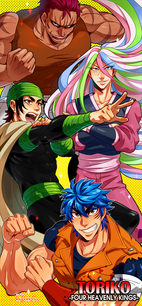 4boys anzumame black_bodysuit black_hair blue_eyes blue_hair blue_shirt bodysuit brown_shirt cloak coco_(toriko) commentary_request english_text green_hair hair_strand jumpsuit long_sleeves male_focus multicolored_hair multiple_boys muscular muscular_male open_mouth orange_eyes orange_jumpsuit pants pink_hair pink_pants pink_shirt polka_dot polka_dot_background redhead rin_(toriko) scar scar_on_cheek scar_on_face scar_on_mouth shirt sleeveless sleeveless_jumpsuit sleeveless_shirt smile sparkle sunny_(toriko) thick_eyebrows toriko toriko_(series) turban white_hair yellow_background zebra_(toriko)