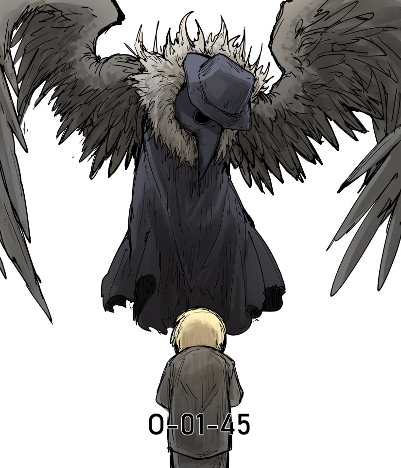 2others black_dress black_wings blonde_hair dress employee_(lobotomy_corporation) feathered_wings flying grey_shirt hat kan_(aaaaari35) lobotomy_corporation looking_down multiple_others non-web_source plague_doctor_(project_moon) plague_doctor_mask praying project_moon shirt white_background wings