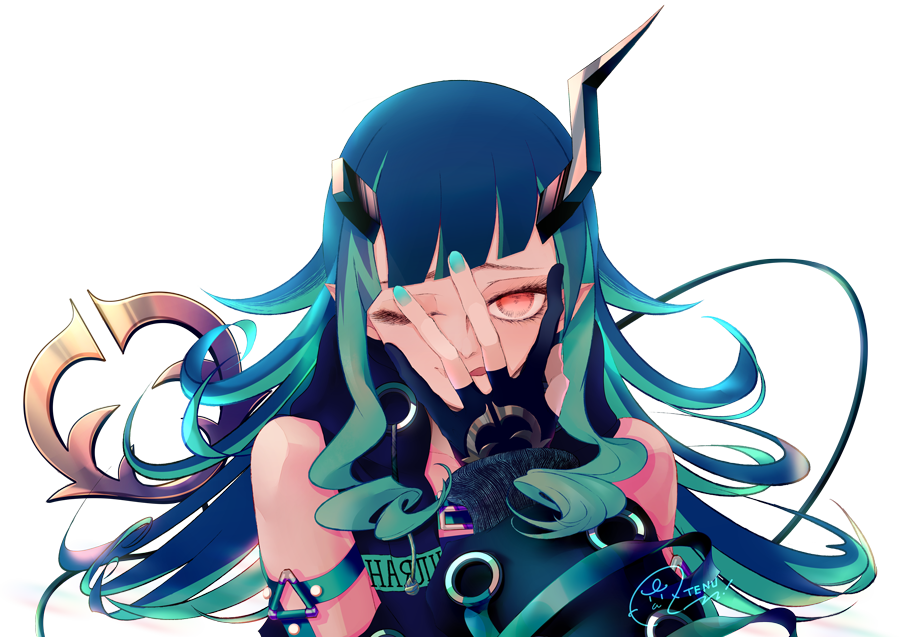 1girl bangs belt black_gloves black_jacket blue_belt blue_hair chest_belt clothing_cutout commentary_request demon_girl demon_horns eyelashes gloves hand_over_face horns jacket long_hair long_sleeves looking_at_viewer multicolored_hair one_eye_closed partially_fingerless_gloves pointy_ears red_eyes shishio_chris shoulder_cutout signature simple_background solo sugar_lyric tenum tongue tongue_out transparent_background two-tone_hair upper_body virtual_youtuber