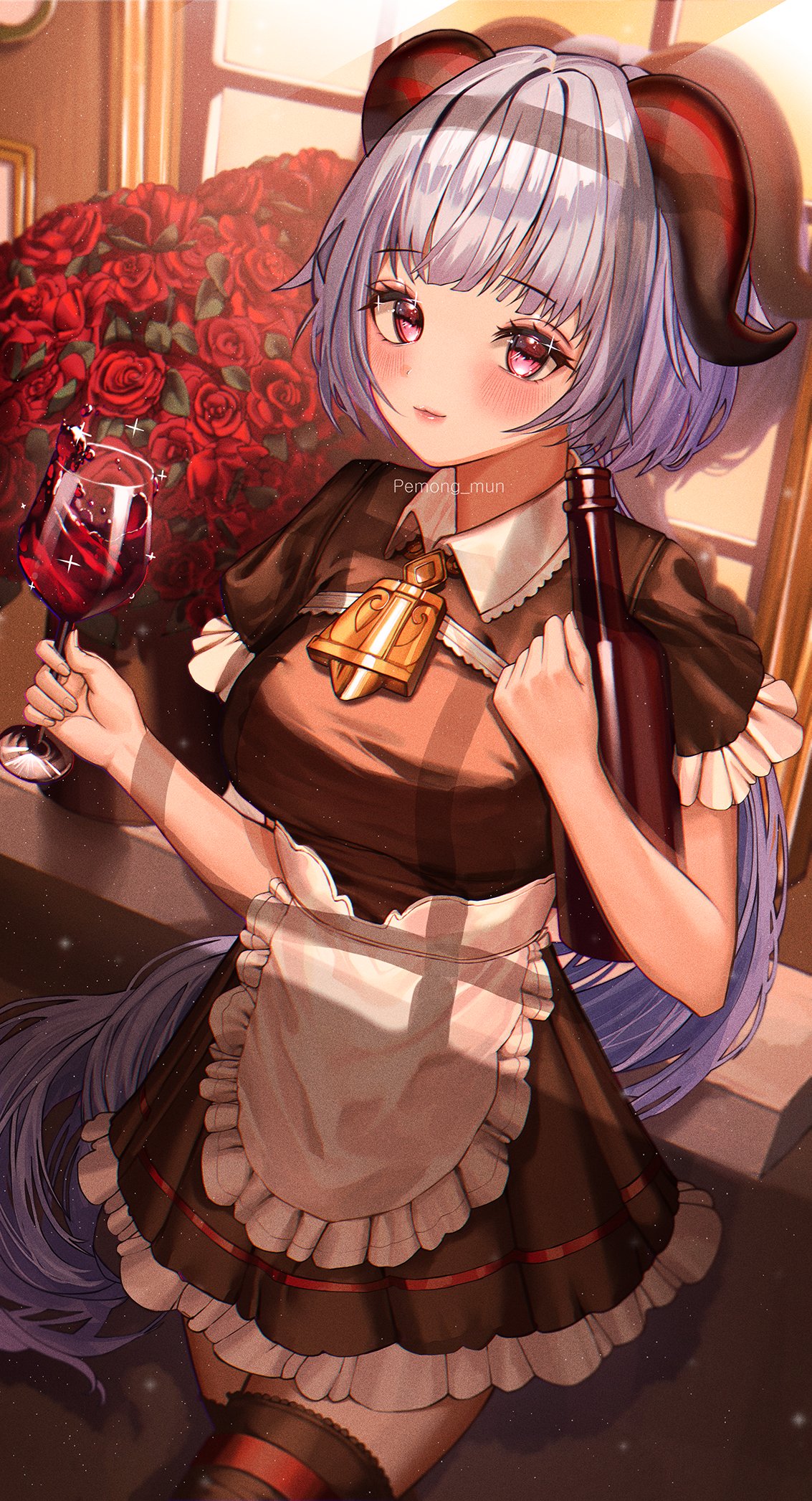 1girl apron artist_name bangs bell black_legwear blue_hair blush bottle breasts cup drinking_glass eyebrows_visible_through_hair flower ganyu_(genshin_impact) genshin_impact highres horns indoors long_hair looking_at_viewer maid maid_apron medium_breasts neck_bell pemong_mun red_flower rose solo thigh-highs violet_eyes window wine_bottle wine_glass