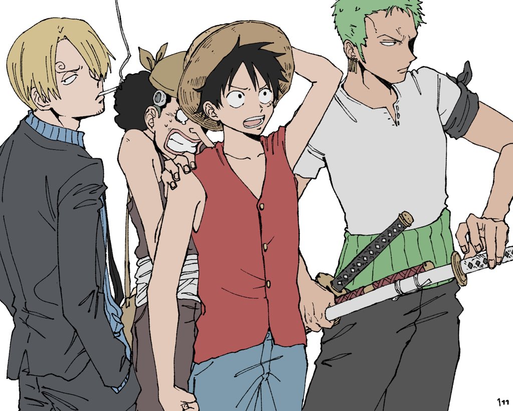 4boys black_hair blonde_hair formal green_hair haramaki hat hiding hiding_behind_another male_focus monkey_d._luffy multiple_boys one_piece overalls roronoa_zoro sanji sheath sheathed short_sleeves sleeveless smoking straw_hat suit sword ufkqz usopp weapon white_background