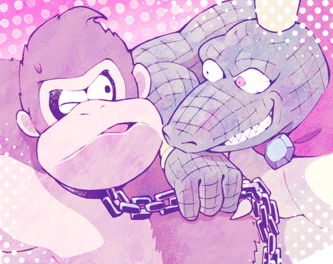 2boys brooch cape crown donkey_kong donkey_kong_(series) furry furry_male jewelry king_k._rool minashirazu multiple_boys muscular muscular_male necktie no_humans one_eye_closed parted_lips polka_dot reptile reptile_boy sweat