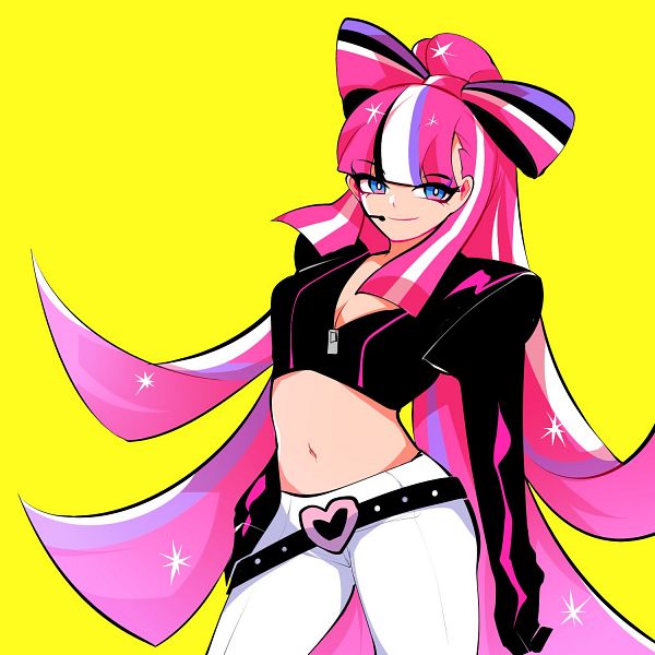 1girl artist_request bow breasts closed_mouth commentary_request cookie_run crop_top gloves happy humanization long_hair long_sleeves looking_at_viewer medium_breasts midriff multicolored_hair music navel non-web_source pants personification pink_hair pop_star shining_glitter_cookie singing smile solo sparkle very_long_hair white_pants yellow_background