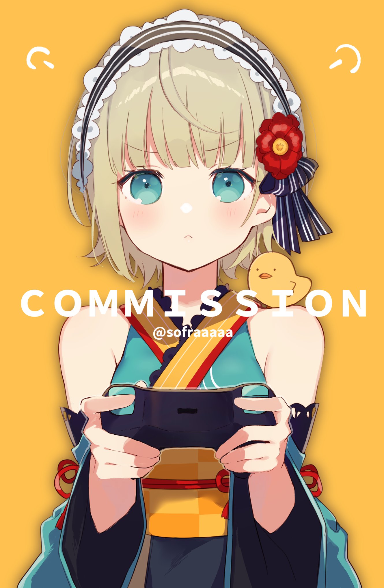 &gt;:( 1girl animal_on_shoulder bangs bare_shoulders bird black_bow black_hairband blue_eyes blue_kimono blue_sleeves blush bow brown_hair chick closed_mouth commission controller detached_sleeves eyebrows_visible_through_hair flower game_controller hair_flower hair_ornament hairband hands_up highres holding indie_virtual_youtuber japanese_clothes kimono light_frown long_sleeves looking_at_viewer mayasan-chi orange_background red_flower sleeveless sleeveless_kimono sofra solo striped striped_bow striped_hairband twitter_username upper_body v-shaped_eyebrows virtual_youtuber watermark wide_sleeves