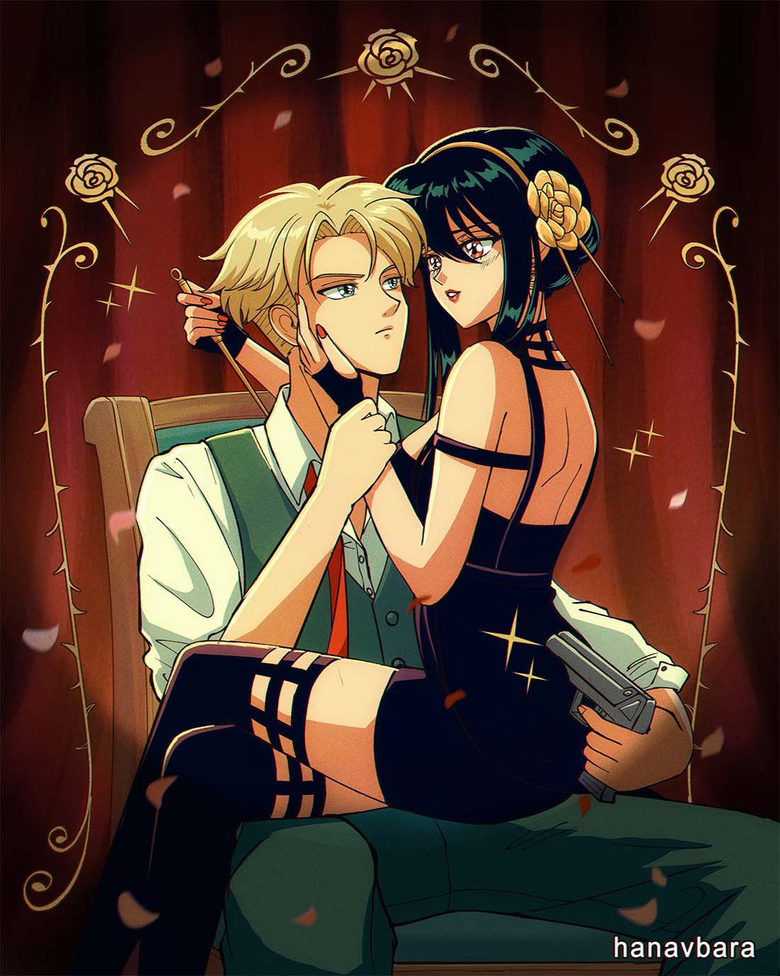 1990s_(style) 1boy 1girl artist_name black_dress black_hair blonde_hair blue_eyes chair collared_shirt dagger dress gun hanavbara hand_on_another's_cheek hand_on_another's_face handgun highres knife petals pistol red_eyes red_lips red_nails retro_artstyle shirt sitting sitting_on_lap sitting_on_person sparkle spy_x_family twilight_(spy_x_family) vest weapon yor_briar