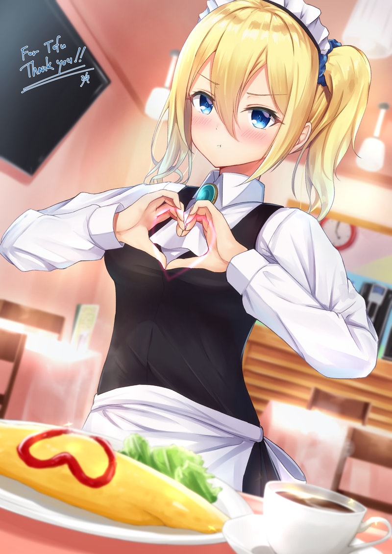 1girl apron bangs blonde_hair blue_eyes blush breasts brooch closed_mouth coffee_cup collared_shirt commentary_request commission cup disposable_cup food frown hair_between_eyes hayasaka_ai heart heart_hands jewelry kaguya-sama_wa_kokurasetai_~tensai-tachi_no_renai_zunousen~ long_sleeves looking_at_viewer maid maid_apron maid_headdress medium_breasts miso_(misomiso_154) omurice one_side_up plate pout shirt skeb_commission solo table waist_apron white_shirt wing_collar