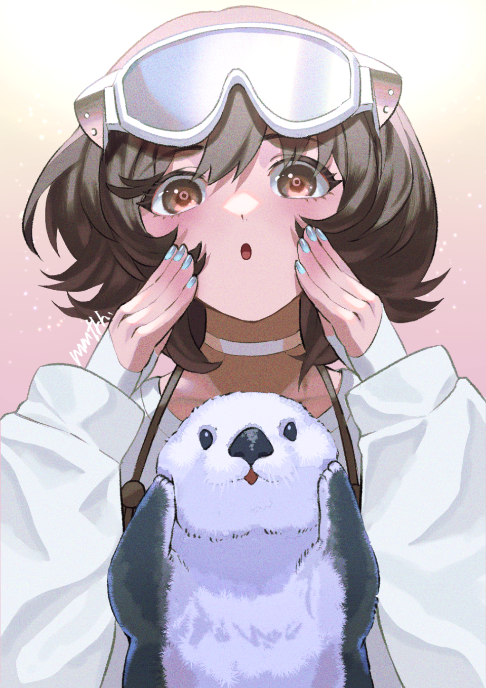 1girl :o animal arknights bangs blue_nails blush brown_eyes brown_hair choker eyebrows_visible_through_hair goggles goggles_on_head gradient gradient_background hands_on_own_cheeks hands_on_own_face highres long_sleeves looking_at_viewer memetaroh nail_polish open_mouth otter pink_background roberta_(arknights) shirt short_hair signature solo upper_body white_choker white_shirt