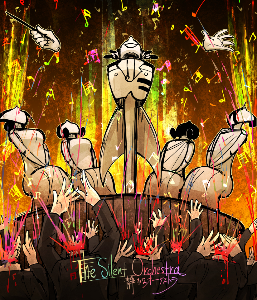 6+others baton_(conducting) blood character_name curtains death disembodied_limb employee_(lobotomy_corporation) formal headless kan_(aaaaari35) leaning_back lobotomy_corporation multiple_others musical_note non-web_source open_mouth project_moon sitting smile suit the_silent_orchestra