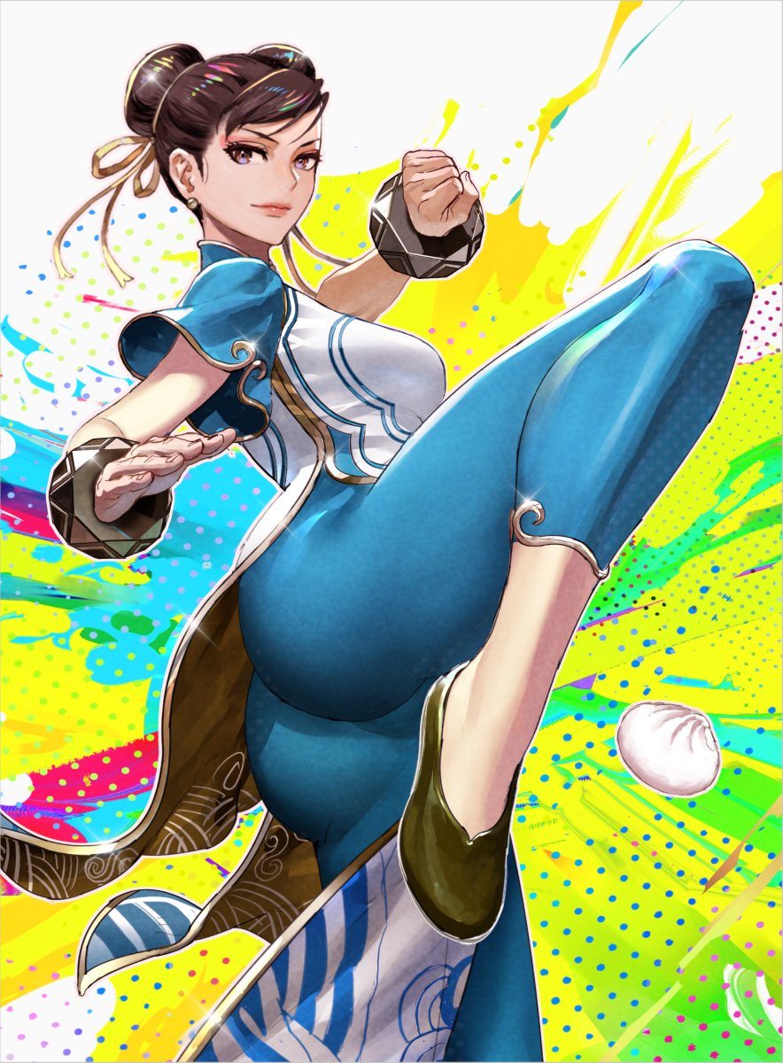1girl ass blue_pants bow bowtie bracelet breasts brown_hair china_dress chinese_clothes chun-li clenched_hand closed_mouth commentary double_bun dress dumpling earrings fighting_stance fingernails food gold_trim hair_bow hair_bun highres jewelry leg_up lips looking_at_viewer medium_breasts okojo pants sandals shiny shiny_hair short_sleeves simple_background skin_tight smile solo standing standing_on_one_leg street_fighter street_fighter_6 violet_eyes