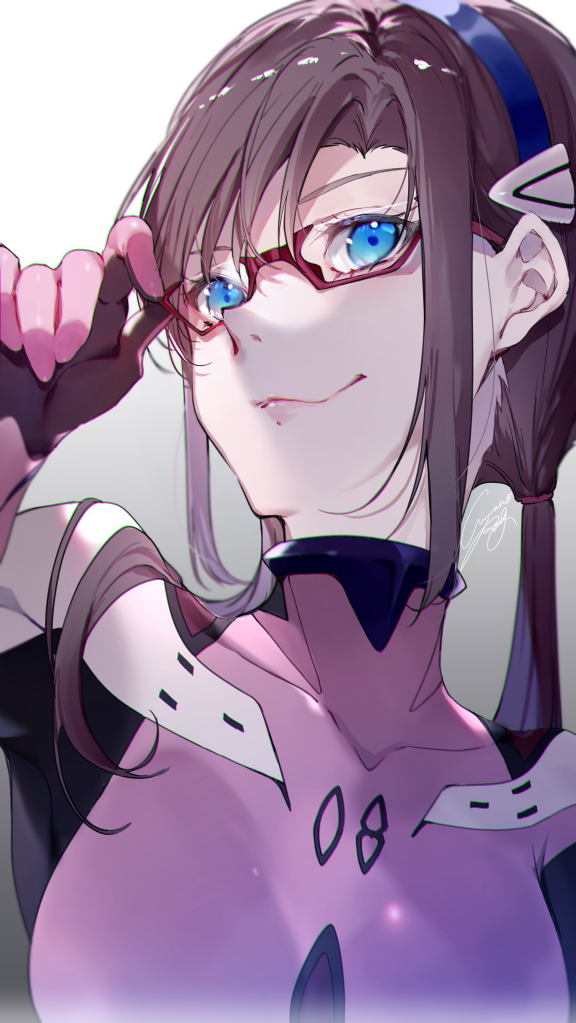 1girl blue_eyes blue_hairband bodysuit brown_hair glasses hairband makinami_mari_illustrious miwano_rag neon_genesis_evangelion plugsuit rebuild_of_evangelion smile solo