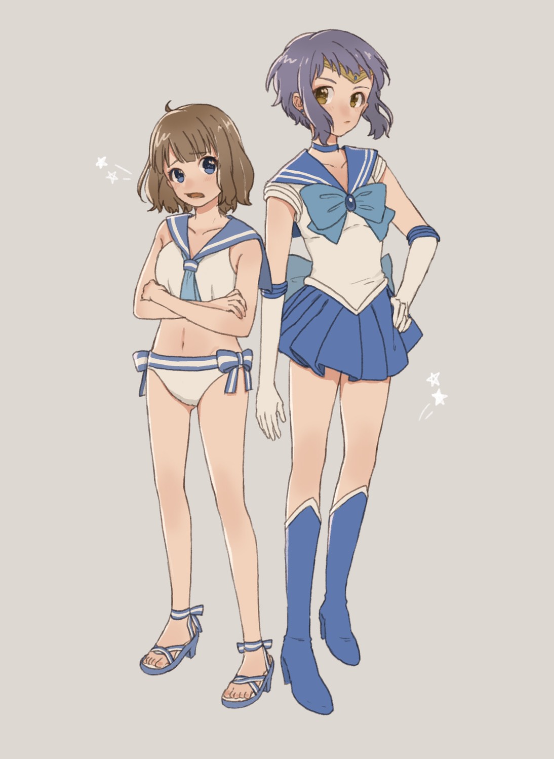 2girls ahoge back_bow bangs bare_legs bishoujo_senshi_sailor_moon blue_bow blue_bowtie blue_eyes blue_footwear blue_neckerchief blue_sailor_collar blue_skirt boots bow bowtie breasts brooch brown_hair choker commentary_request cosplay crossed_arms elbow_gloves eyebrows_visible_through_hair full_body gloves grey_background hand_on_hip highres idolmaster idolmaster_million_live! jewelry legs looking_at_another looking_at_viewer makabe_mizuki miniskirt multiple_girls navel neckerchief pleated_skirt purple_hair sailor_collar sailor_mercury sailor_mercury_(cosplay) sailor_swimsuit_(idolmaster) sandals shirt short_hair sidelocks skirt small_breasts standing star_(symbol) stomach suou_momoko swimsuit tanupon thighs wavy_hair white_gloves white_shirt white_swimsuit yellow_eyes