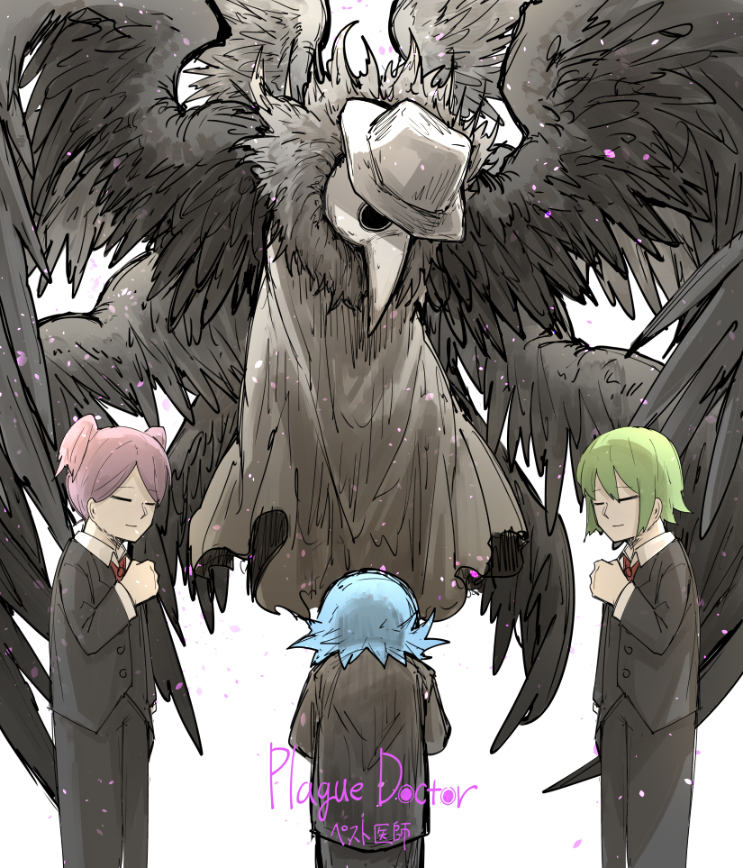 4others black_suit black_wings blue_hair character_name closed_eyes employee_(lobotomy_corporation) fedora flying formal green_hair hat kan_(aaaaari35) kneeling light_smile lobotomy_corporation looking_down multiple_others multiple_wings necktie non-web_source pink_hair plague_doctor_(project_moon) plague_doctor_mask praying project_moon shirt standing suit white_background white_headwear white_shirt wings