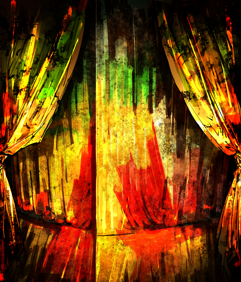 colorful curtains indoors kan_(aaaaari35) lobotomy_corporation no_humans non-web_source orange_theme project_moon stage still_life the_silent_orchestra