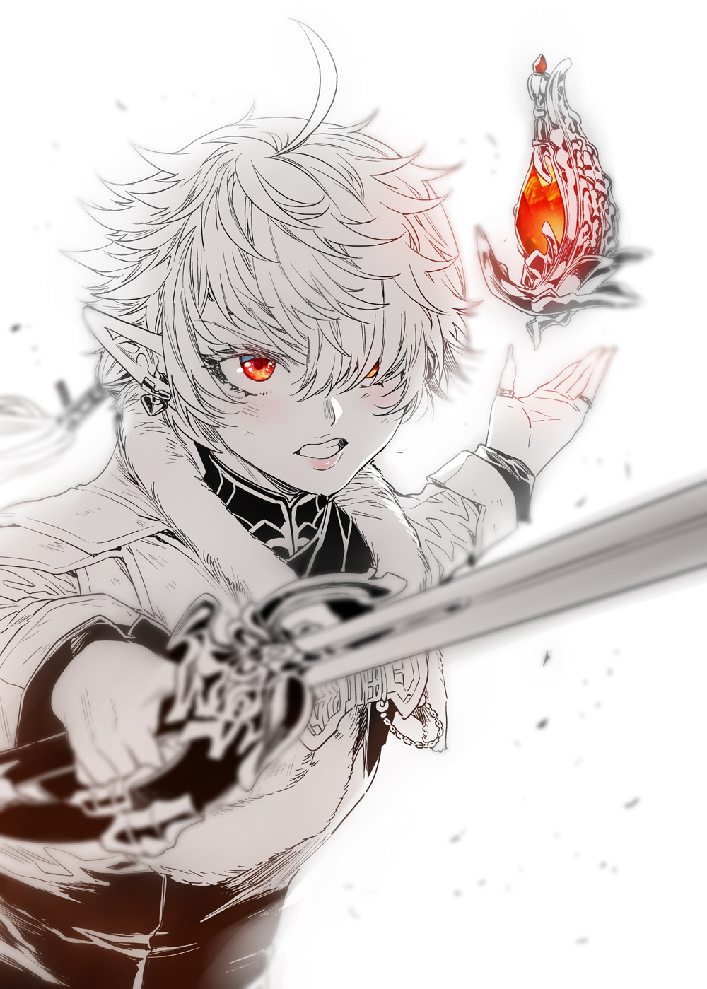 1girl ahoge alisaie_leveilleur angry crystal earrings elezen elf final_fantasy final_fantasy_xiv fur_trim highres jewelry looking_at_viewer mizuryu_kei monochrome pointy_ears red_eyes ring serious short_hair simple_background solo spot_color sword upper_body weapon