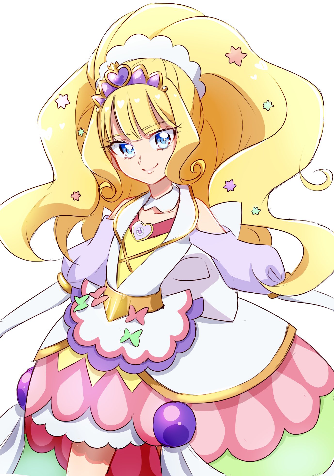 1girl blonde_hair blue_eyes brooch commentary_request corset cure_finale delicious_party_precure dress eyelashes fpminnie1 hair_ornament happy heart_brooch highres jewelry kasai_amane looking_at_viewer magical_girl multicolored_clothes precure simple_background sketch smile solo standing tiara white_background