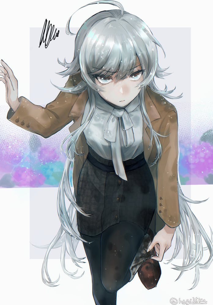 1girl adjusting_clothes ahoge alternate_costume bangs black_legwear black_skirt blue_eyes breasts brown_coat brown_footwear coat commission eyebrows_visible_through_hair grey_hair hagioshi kantai_collection leg_up long_hair long_sleeves looking_at_viewer medium_breasts open_clothes pantyhose pencil_skirt shirt simple_background skeb_commission skirt solo squiggle twitter_username very_long_hair washington_(kancolle) wet wet_hair white_shirt